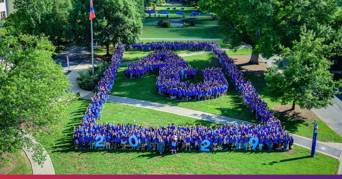 Aerial image of American University's Class of 2029 forming the AU logo