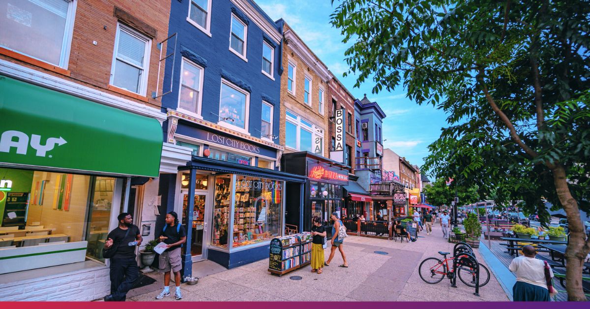 Adams Morgan Neighborhood with local shops and residents browsing.