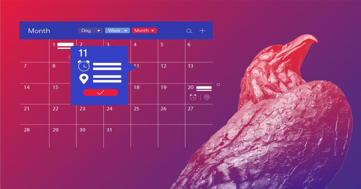 AU Eagle statue and calendar for scheduling appointments on a red and blue gradient.