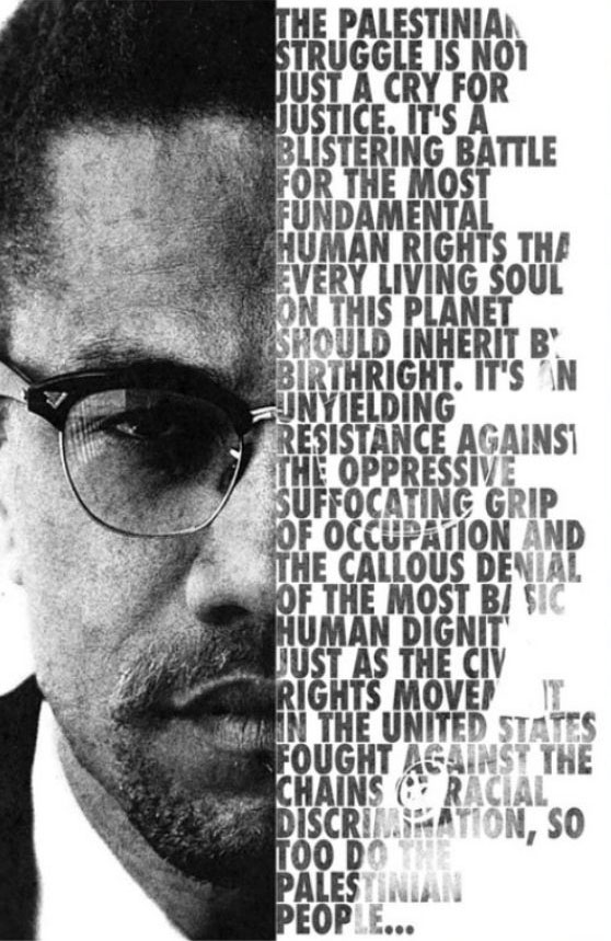 Graphic of Malcolm X opposite text that reads, The Palestinian struggle is not just a cry for justice. It's a blistering battle for the most fundamental human rights that every living soul on this planet should inherit by birthright. it’s an unyielding resistance against the oppressive suffocating grip of occupation and the callous denial of the most basic human dignity. Just as the civil rights movement in the United States fought against the chains of racial discrimination, so too do the Palestinian people.