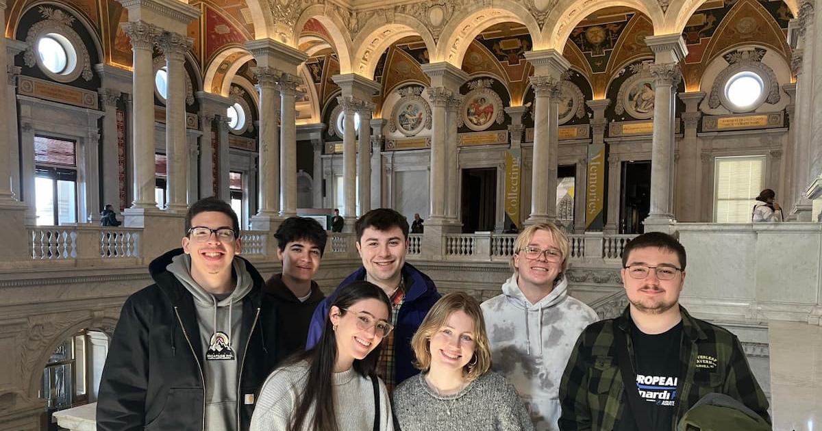 Students in the gorgeous Library of Congress mezzanine.