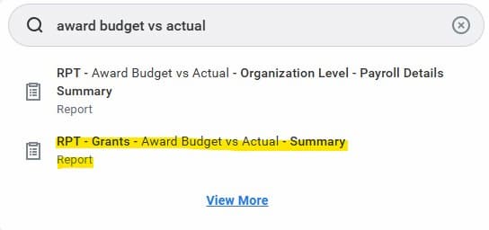 Workday interface showing search bar and RPT Grants results with second result highlighted.
