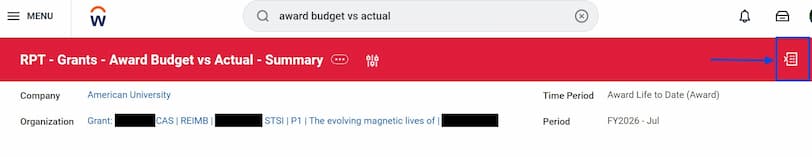 Workday interface showing RPT Grants Award Budget vs Actual Summary.
