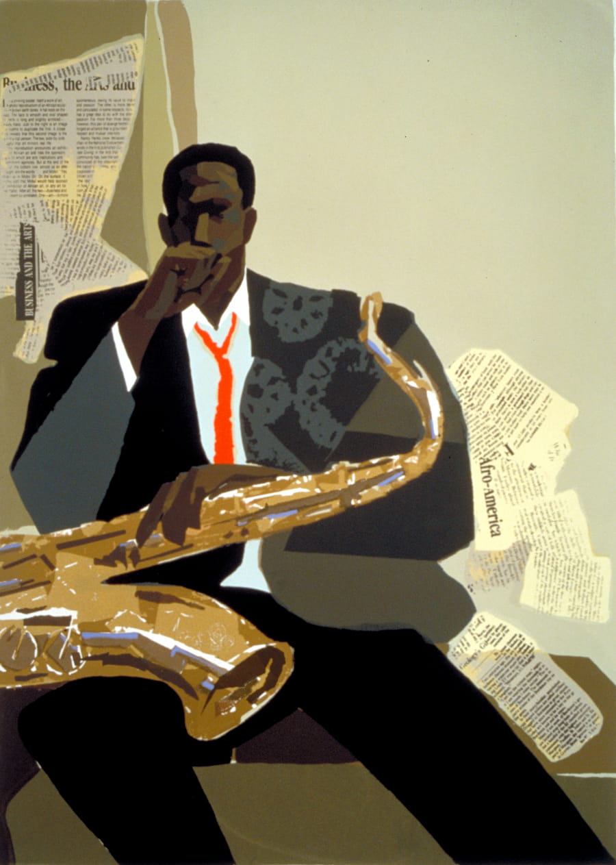 Joseph Holston, Jazz, 1990. Seated man in suit holds saxophone as he coughs, newspapers behind him