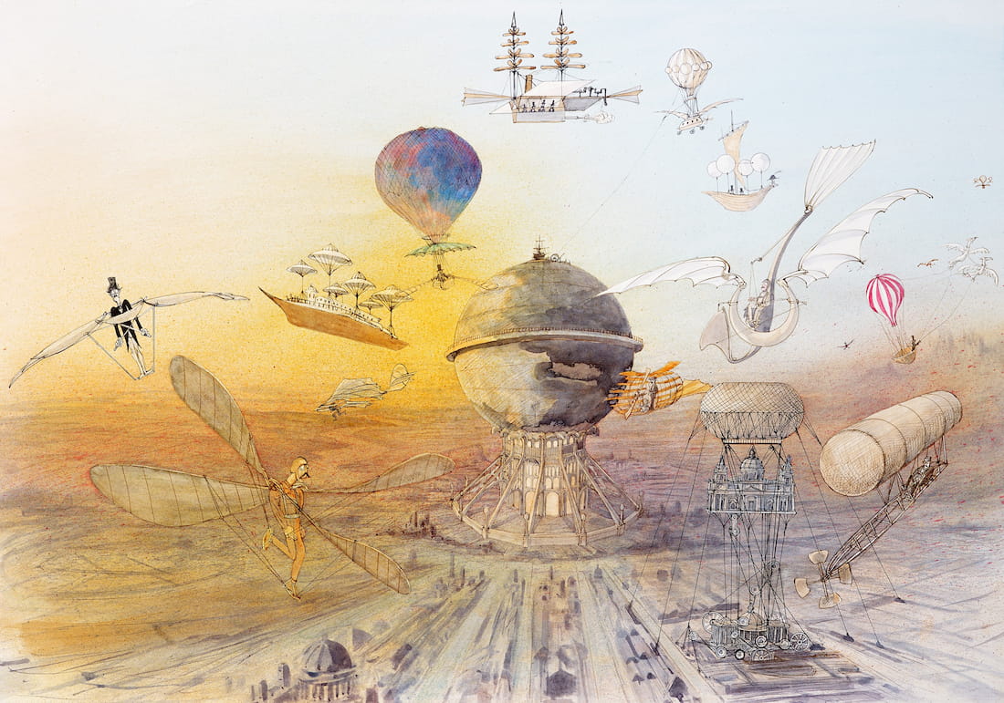 Ralph Steadman, Twentieth Century Man, 1988. Whimsical flying ships, hot air balloons, flying houses, and people with mechanical wings convene around a large globe structure. 