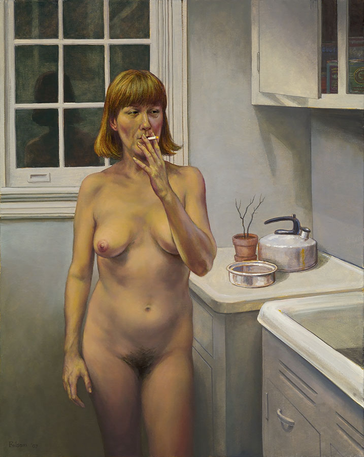 Fred Folsom, 4:05 AM, 2007. A nude woman smoking a cigarette in an ordinary kitchen at night. Behind her, a dying plant, a pan, and a kettle.
