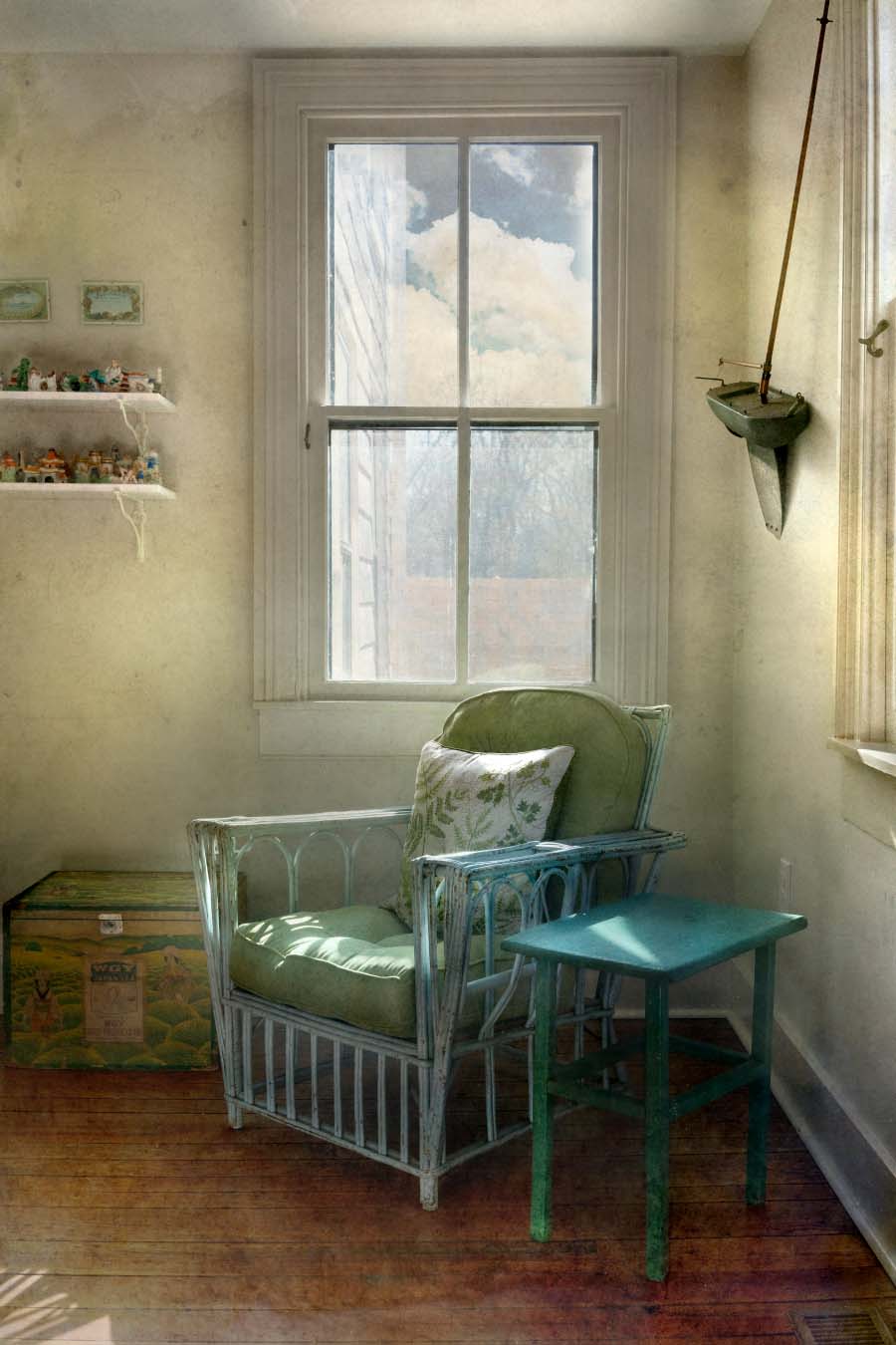 David A. Douglas, 208 South Street, 2020. Still life painting of a green chair near a window.