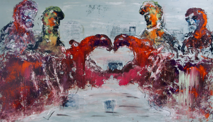 Andrés Izquierdo, Hippo’s and Coke I. Abstracted hippos fight as four people look on. 