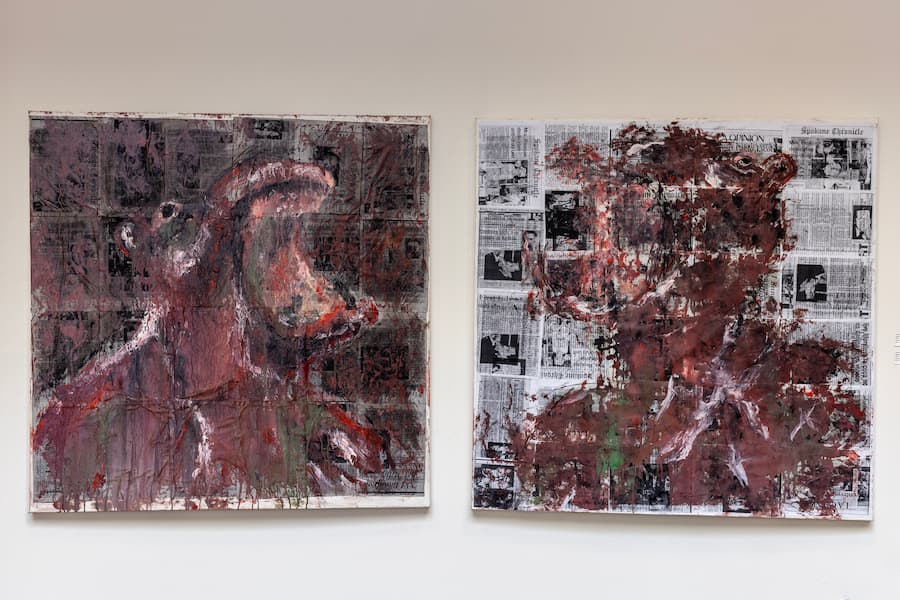 Andres Izquierdo, Hippos and Coke, 2024. Portraits of hippos on newspaper clippings