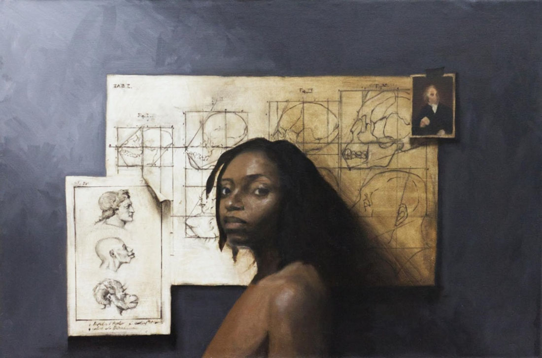 Selena Noir Jaquesun Jackson, Comparative Anatomy (Petrus Camper), 2021. A Black woman facing the viewer in front of antique skull diagrams and a postcard of a White man