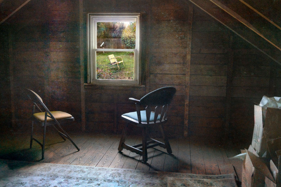 David A. Douglas, Moving Day, 2023. Two chairs in an attic facing towards a window; outside a chair in the yard.