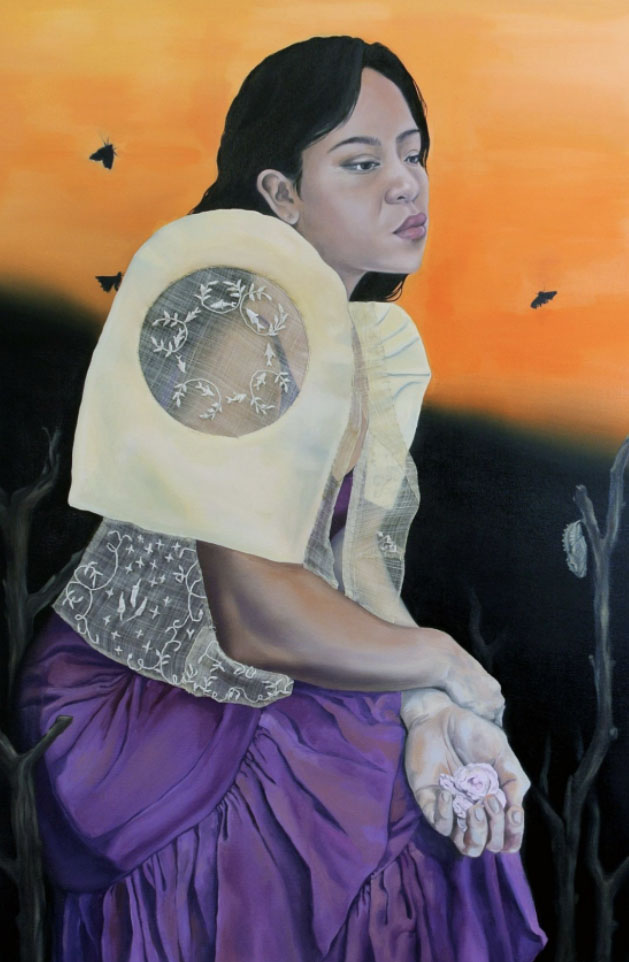 Jeanne F. Jalandoni, Moth Whispers, 2025. Oil on canvas, hand embroidered pineapple leaf fabric. Brooding woman surrounded by moths at sunset wearing large white embroidered sleeves and purple dress