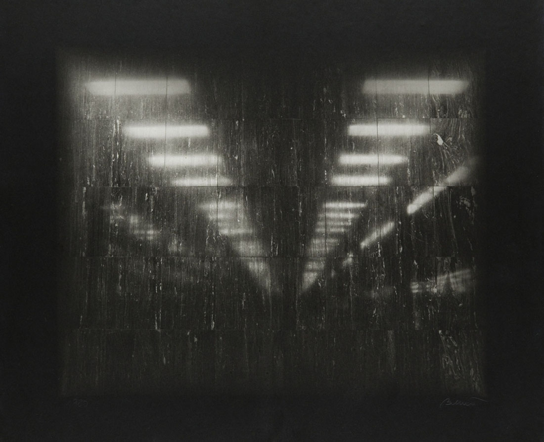 Jaroslav Beneš, Untitled, 1980. Hazy and dramatic black and white photo of fluorescent lights through a rainy window