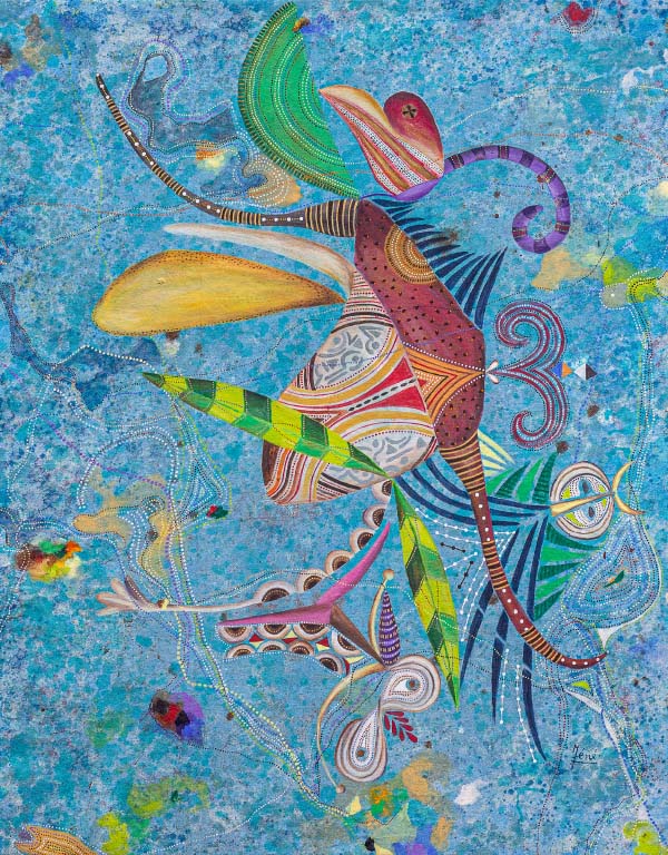 Méné, Le Chant du Phenix, 2025. Colorful, abstracted and embellished bird figures