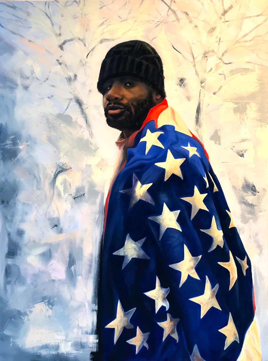 Meredith Morris, Long Time Coming, 2020. A Black man wearing an American flag and a hat outside in the snow