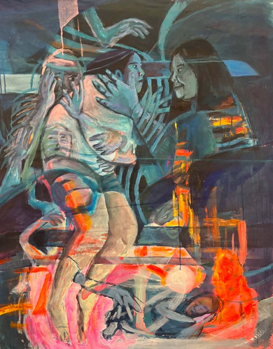 promo image -1. Mikayla_Vesper Letting go 2 Mikayla Vesper, Letting Go. A woman and disembodied spirits hold a girl as the woman and girl make eye contact. Most of the painting is cool toned, but at the bottom, a glowing orange structure containing a sleeping girl in blue