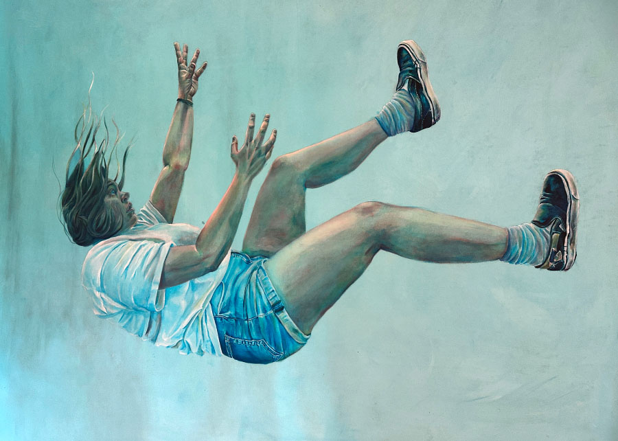Betty Shanefelter, falling, 2024. Painting of a girl falling backwards in dramatic cool tones