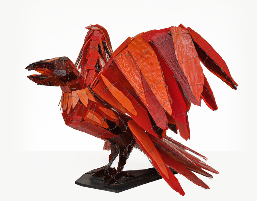 Joan Danziger, Inferno Raven, 2024. Metal and glass, 22 × 35 × 27 inches.