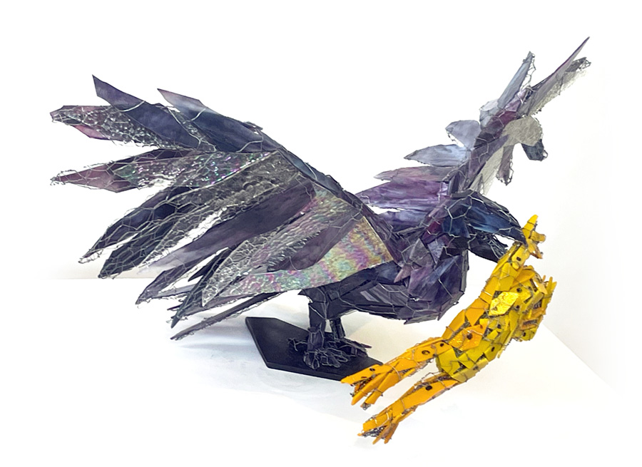 Joan Danziger, Amethyst Raven and Frog 2023. Metal and glass, 42 x 22 x 26 inches.  