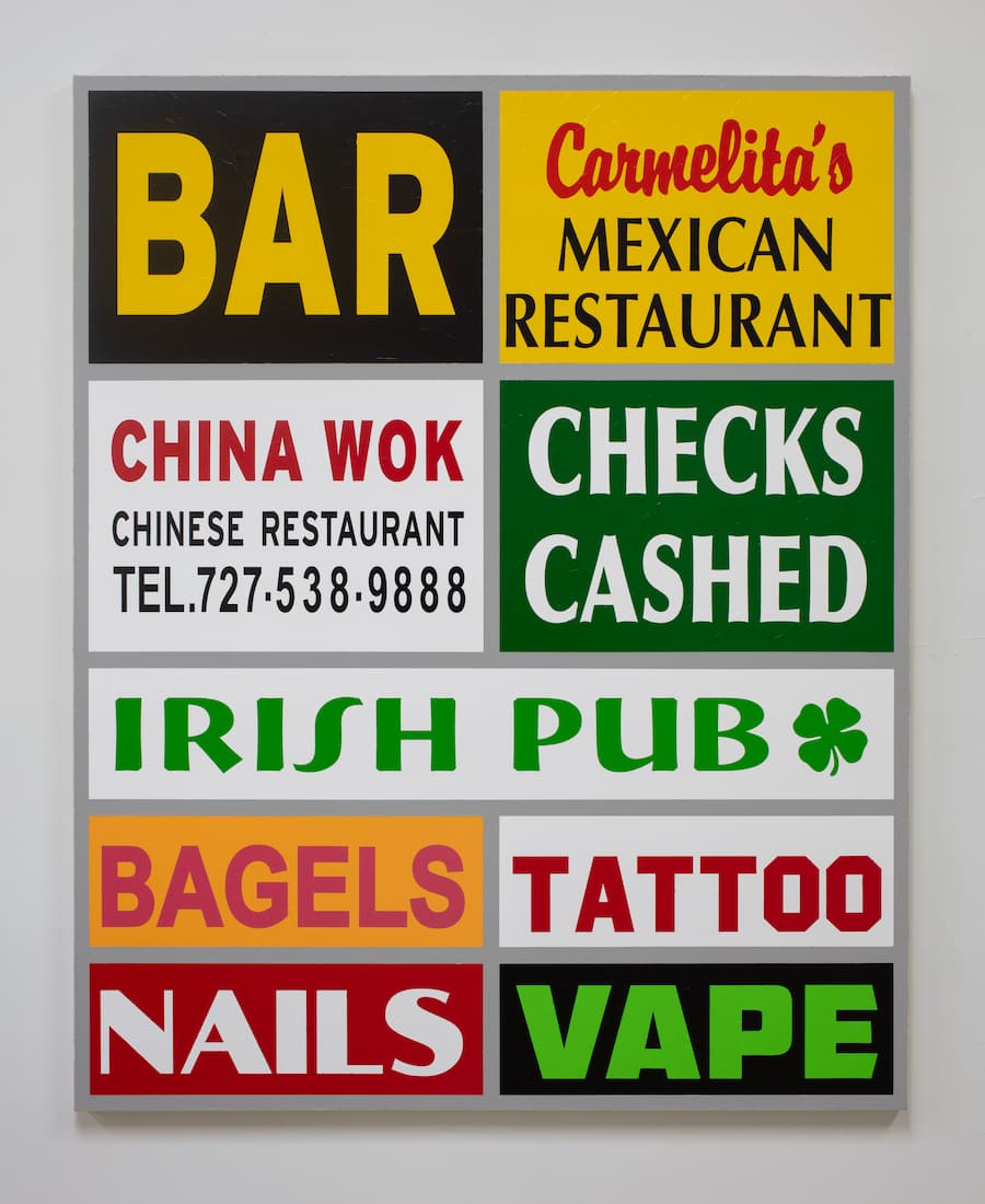 Mark Kelner, Strip Mall Landscape XVI, (Largo, Florida), 2023. Strip mall sign advertising bars, check cashing, restaurants, bagels, nails, tattoo, vape