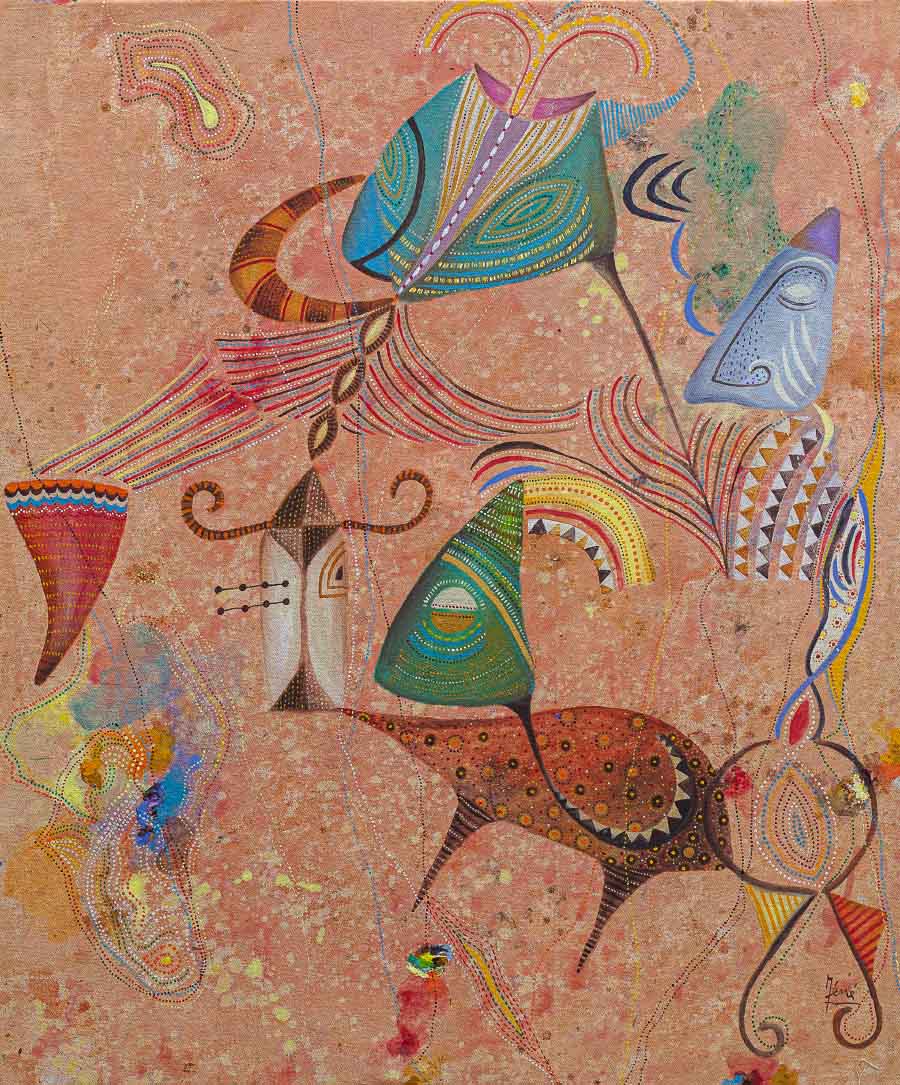 Méné, La Cité Radieuse, 2025. Colorful, abstracted human and animal forms embellished in dots