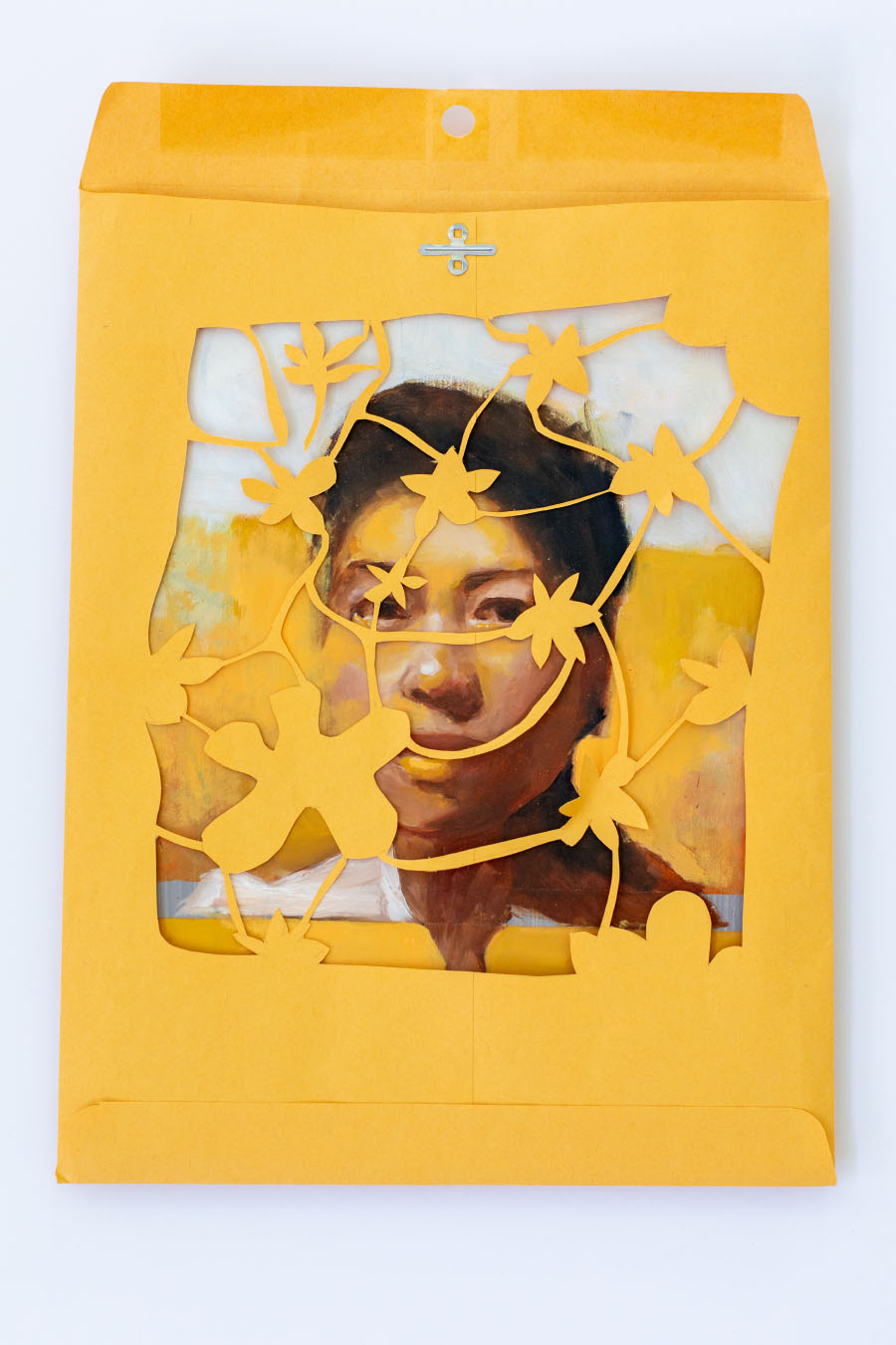 Mic Diño Boekelmann, Self Portrait, 2024. A painting of a woman partially obscured by floral cutout in manila folder.