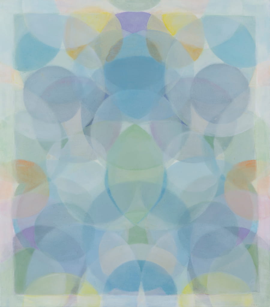 Mira Hecht, Weaving the Rainbow, 2021. Overlapping circles of blue, purple, green, orange, yellow, and white in varying opacities