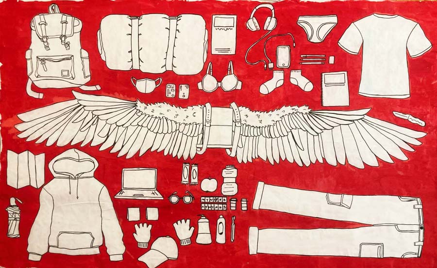 Leda Pelton, What I will pack when I run away from home, 2024. Array of items sketched in black and white on a red background, most prominently wings. Other items include clothing, backpack and duffel, toiletries, and personal tech devices.