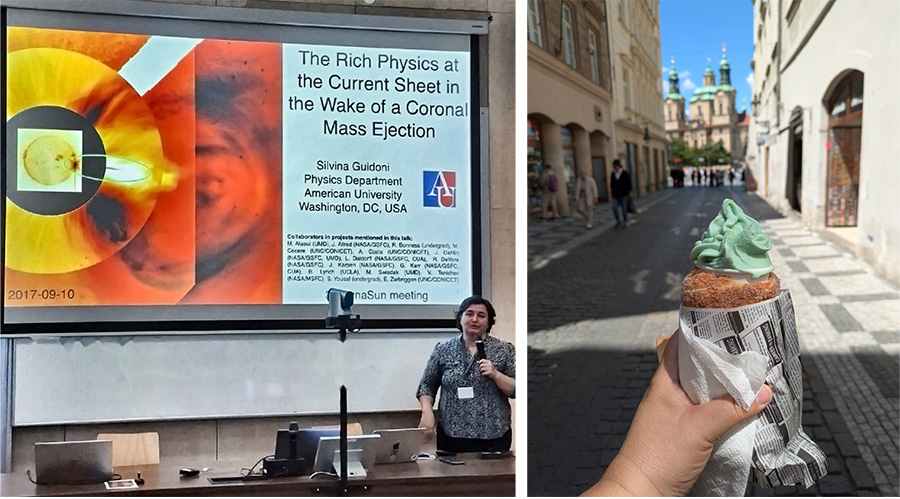 Professor Guidoni giving her presentation at the DynaSun Workshop. Right: Taking a break with a trdelník chimney cake ice cream in Prague. 