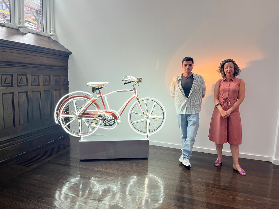  Nika Elder at the Robert Rauschenbert Foundation in New York, standing in front of one the Bicycloids (1992–94) sculptural series. 