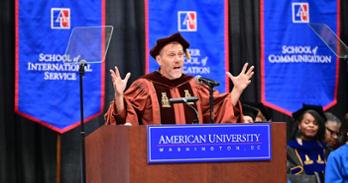 Nate Harshman speaks at 2026 convocation. Photo by Jeff Watts.