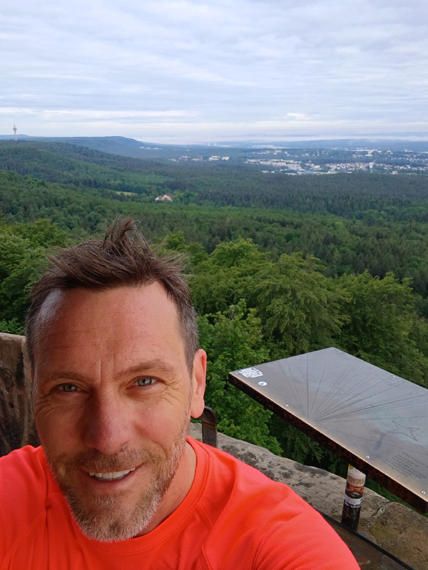 Nate Harshman on morning run, into the woods to “Humbergturm”, a tower in the woods overlooking Kaiserslautern, Germany
