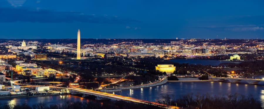 DC downtown and Potomac River at night.