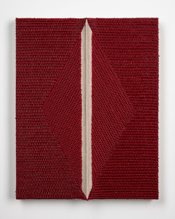 Danielle Mysliweic, Pierce, 2025. Oil on linen armature on linen-covered panel. Red woven textile with diamond motif and thin, pointed section of blank linen exposed. 