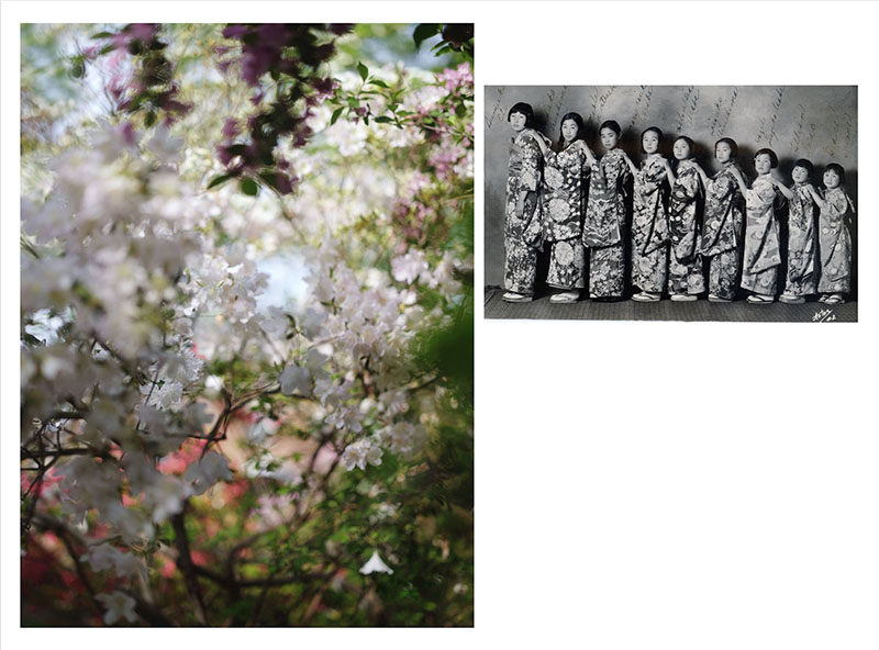 Jennifer Sakai, When We Return Home' (composite image of artist's Grandmother (fourth from left) in Buddhist temple spring celebration Pre-WWII c.1930, combined with artist's own large format image).