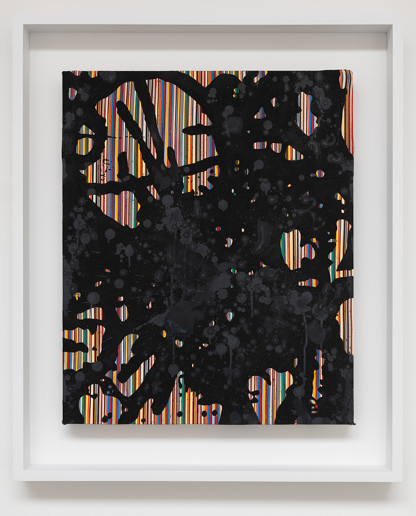 Tim Doud, PSCW (M), 2025. Abstract black form over multicolored striped background