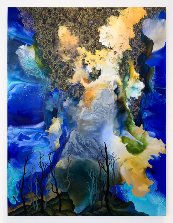 Hedieh Javanshir Ilchi, We are whirled asunder, 2024-25. Complex landscape that blends sky, water, earth, and clouds.