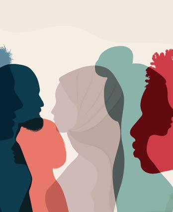 Overlapping transparent silhouettes of a diverse group of people