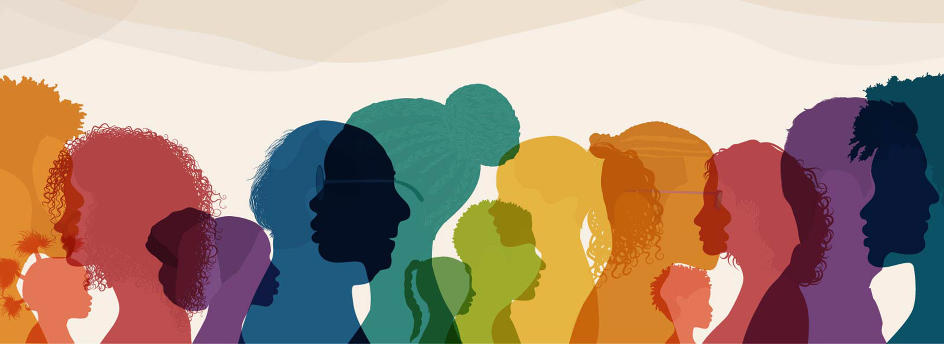 Overlapping transparent silhouettes of a diverse group of adults and children