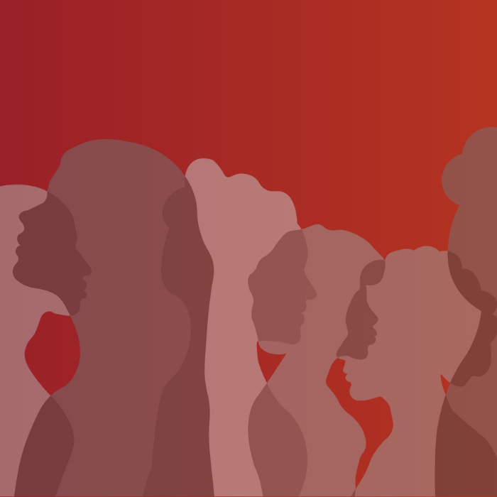 Overlapping transparent silhouettes of a diverse group of people
