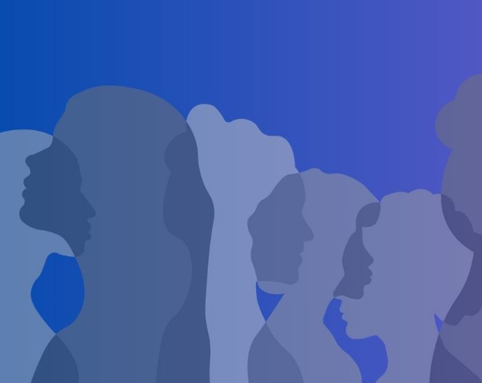 Overlapping transparent silhouettes of a diverse group of people