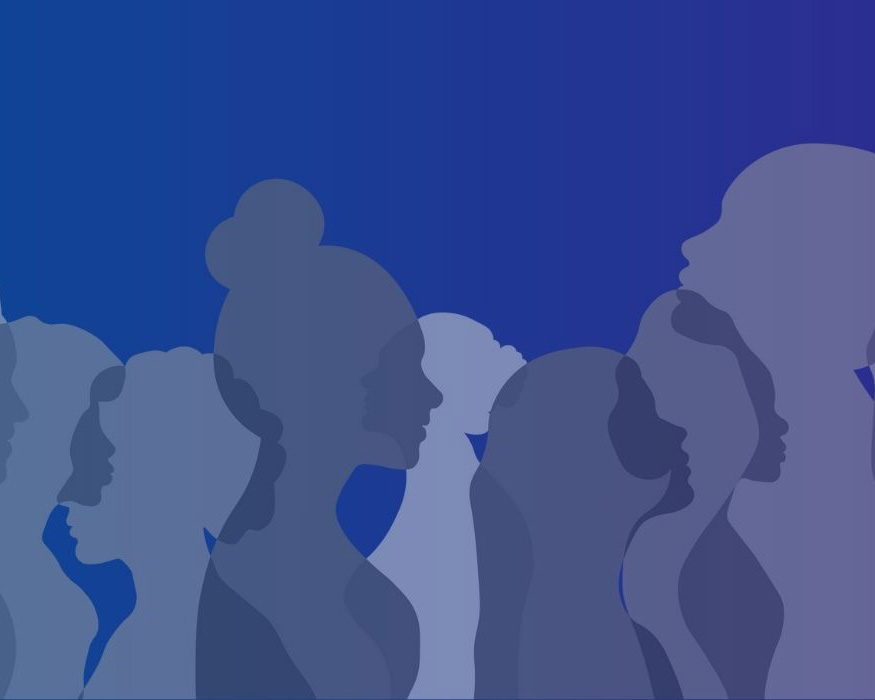 Overlapping transparent silhouettes of a diverse group of people