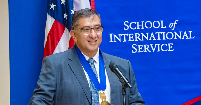 Professor Mohammed Abu-Nimer delivering his inaugural Said Chair lecture. 