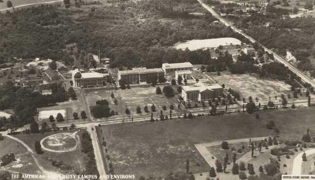 Aerial view of the American University campus and environs, ca. 1920-1930.