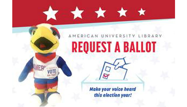 American University mascot next to a ballot box to promote ballot requesting at Bender Library.