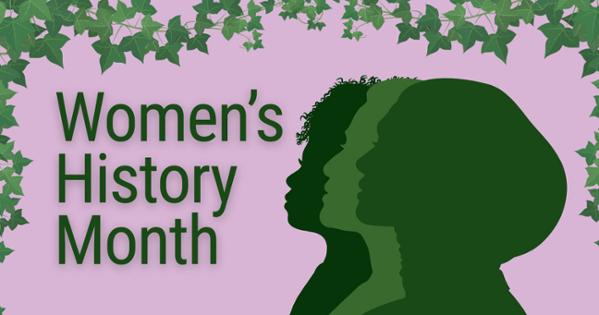 Three silhouettes of women in shades of green with an ivy leaf border.