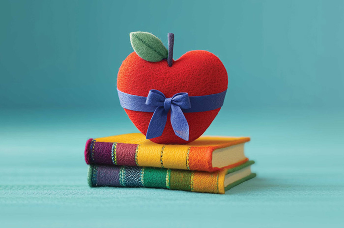 a felt apple in the shape of a heart with a bow around it sits on a stack of books