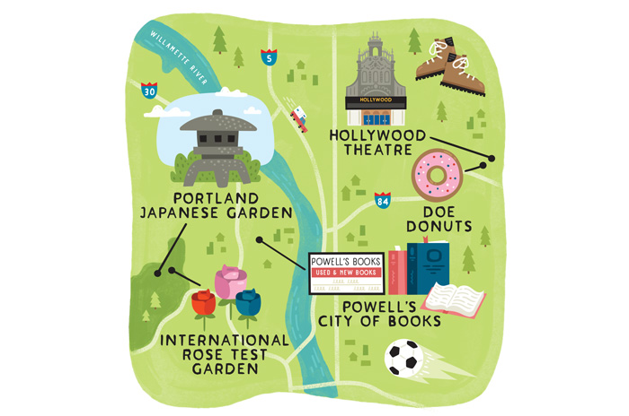 map of Portland with Powell's, Portland Japanese Garden, Doe Donuts, and Hollywood Theatre