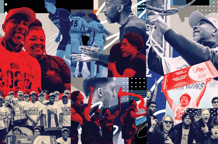 collage of basketball players, Coach Simpkins, and fans