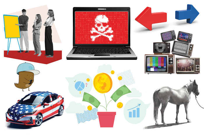 a horse, a money tree, student giving a presentation, a car wrapped in an American flag, TVs stacked on top of each other